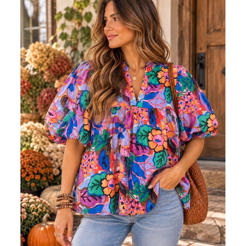 Colorful Retro Floral Babydoll Top Balloon Sleeve Maximalist THML Large